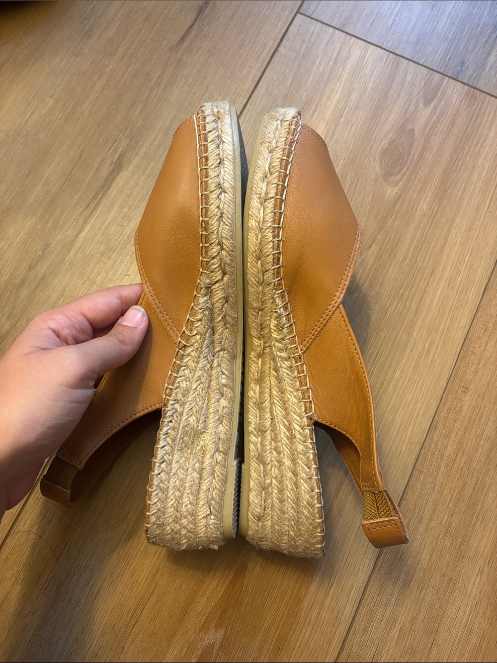 MADE IN SPAIN - Leather Slingback Espadrille Peep-Toe Flats — Tan - Picture 6 of 9